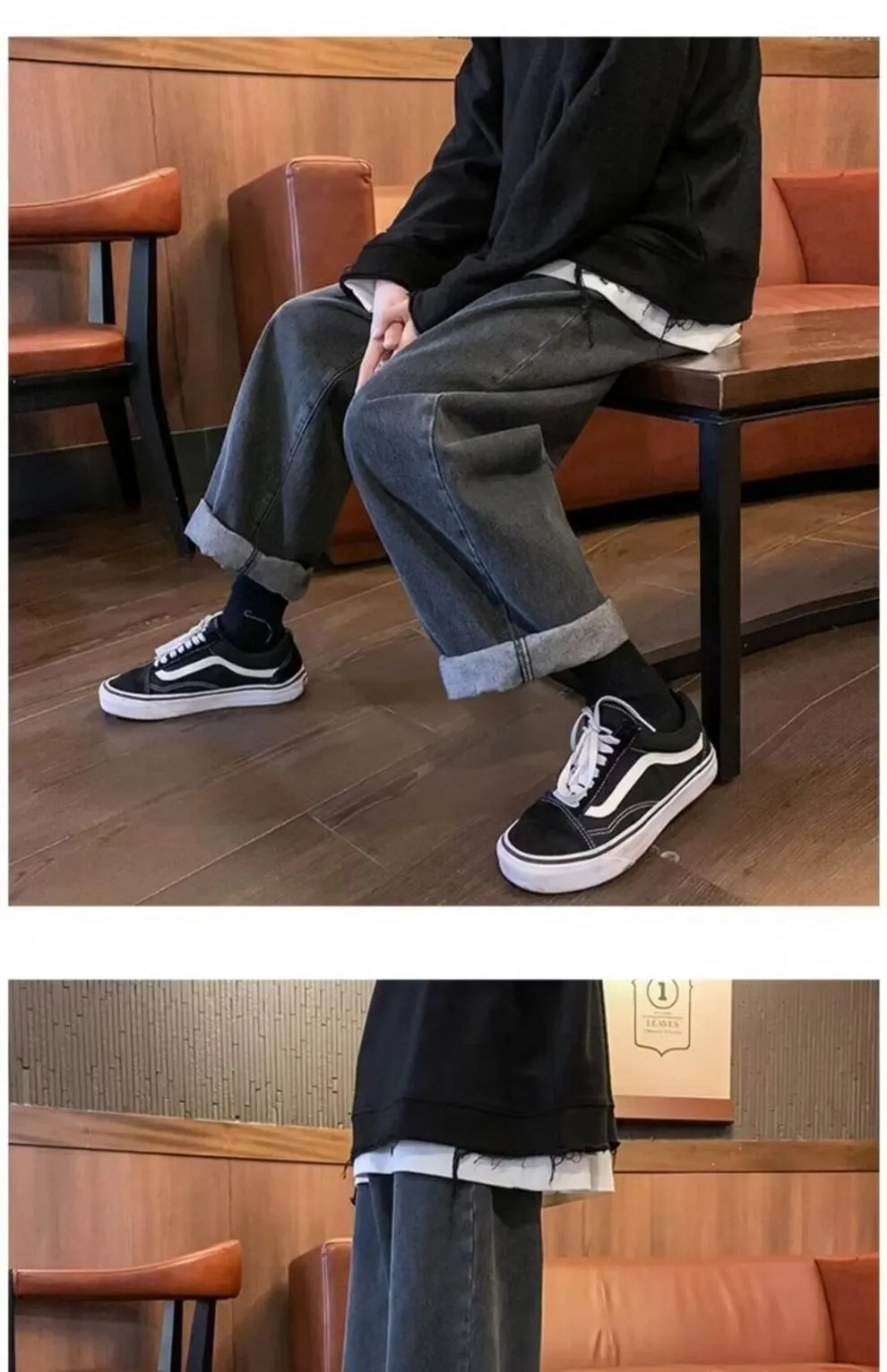 Men's Black & Gray Loose Fit Straight Leg Jeans - Large Size, Wide Leg, American High Street Style for Early Autumn Wear showcase 8