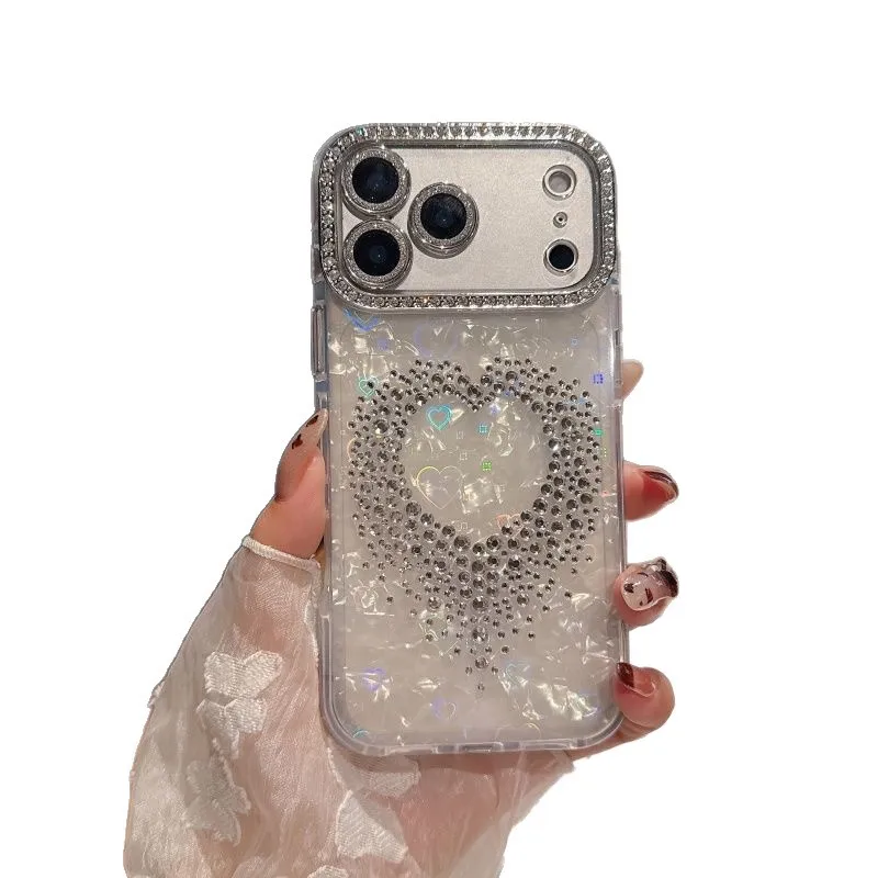 Luxury Heart Diamond Pearl Phone Case with Lens Film for Apple iPhone 12/13/14/16/17 Promax - Stylish Protective Shell Cover for Women - Image 5