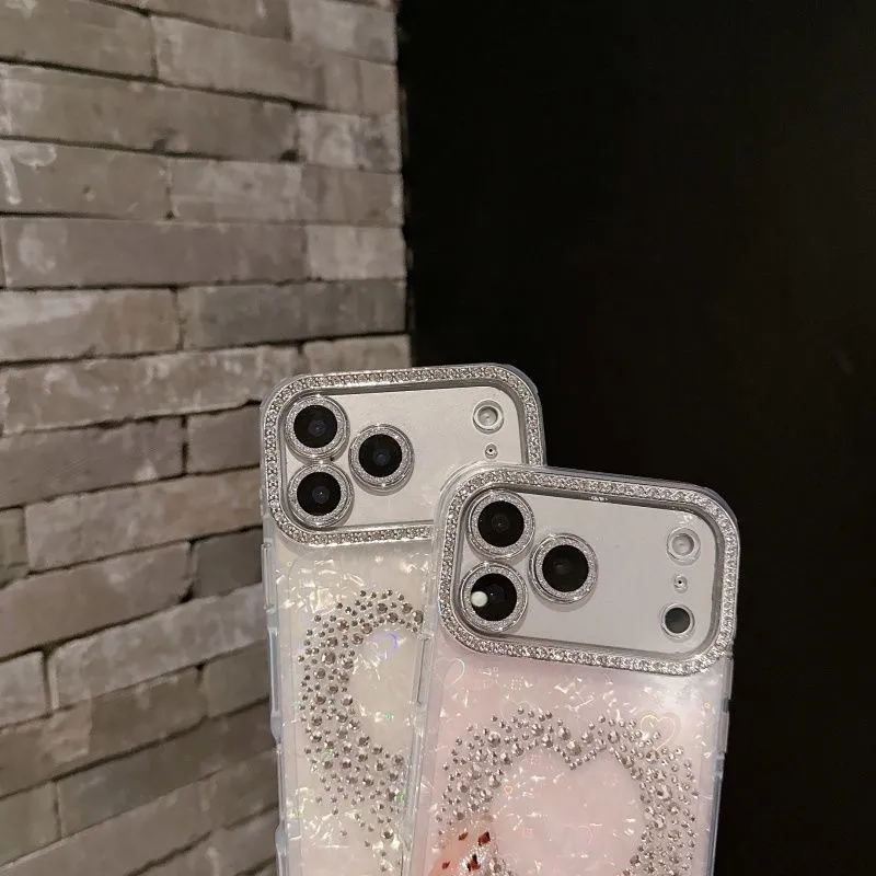 Luxury Heart Diamond Pearl Phone Case with Lens Film for Apple iPhone 12/13/14/16/17 Promax - Stylish Protective Shell Cover for Women showcase 6