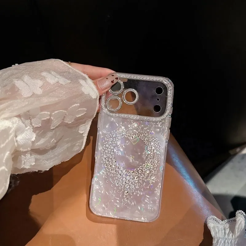 Luxury Heart Diamond Pearl Phone Case with Lens Film for Apple iPhone 12/13/14/16/17 Promax - Stylish Protective Shell Cover for Women showcase 4