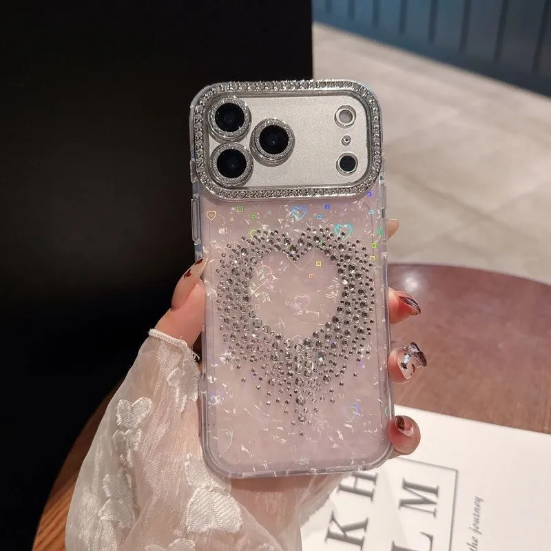 Luxury Heart Diamond Pearl Phone Case with Lens Film for Apple iPhone 12/13/14/16/17 Promax - Stylish Protective Shell Cover for Women - Image 2