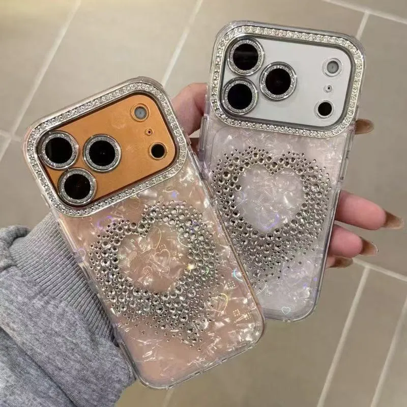 Luxury Heart Diamond Pearl Phone Case with Lens Film for Apple iPhone 12/13/14/16/17 Promax - Stylish Protective Shell Cover for Women showcase 1