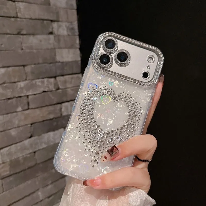 Luxury Heart Diamond Pearl Phone Case with Lens Film for Apple iPhone 12/13/14/16/17 Promax - Stylish Protective Shell Cover for Women - Image 3