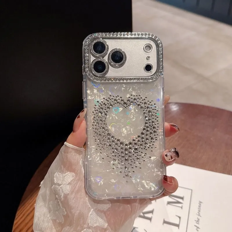 Luxury Heart Diamond Pearl Phone Case with Lens Film for Apple iPhone 12/13/14/16/17 Promax - Stylish Protective Shell Cover for Women - Image 6
