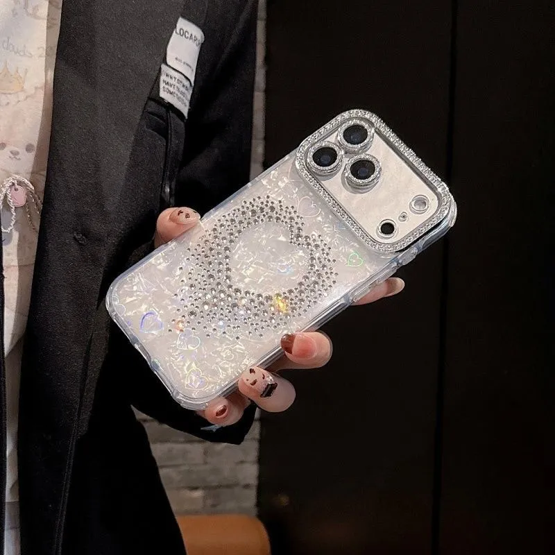 Luxury Heart Diamond Pearl Phone Case with Lens Film for Apple iPhone 12/13/14/16/17 Promax - Stylish Protective Shell Cover for Women showcase 3