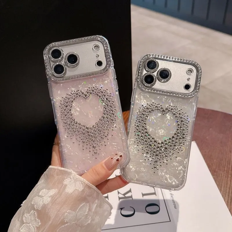 Luxury Heart Diamond Pearl Phone Case with Lens Film for Apple iPhone 12/13/14/16/17 Promax - Stylish Protective Shell Cover for Women - Image 1