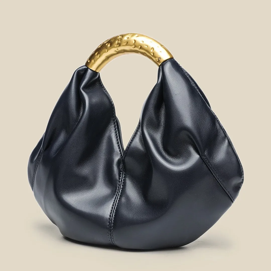 Designer Inspired Metallic Accent Soft Leather Dumpling Bag - Mini Pleated Clutch Shoulder Crossbody Bag for Women thumbnail 3