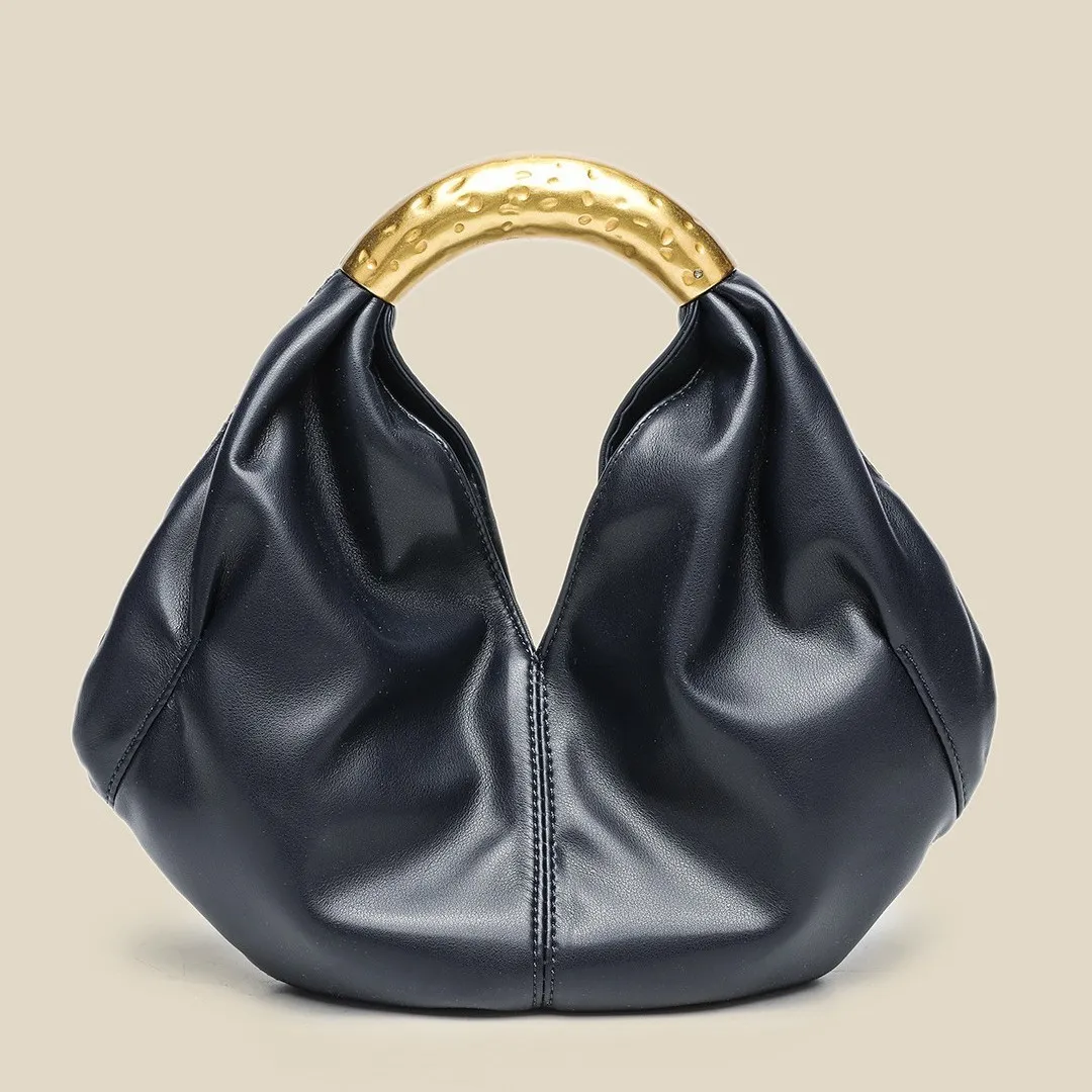 Designer Inspired Metallic Accent Soft Leather Dumpling Bag - Mini Pleated Clutch Shoulder Crossbody Bag for Women thumbnail 4