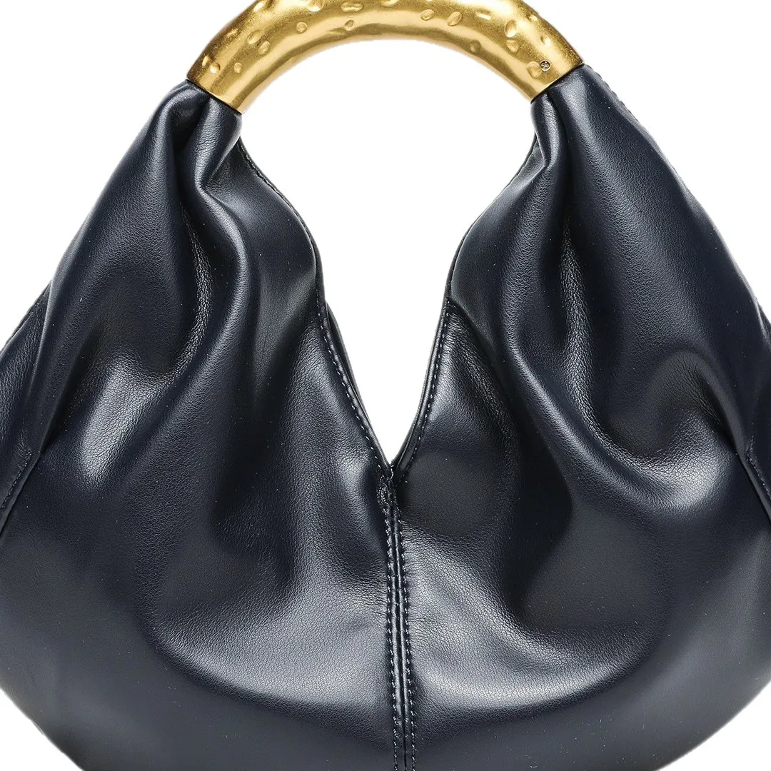 Designer Inspired Metallic Accent Soft Leather Dumpling Bag - Mini Pleated Clutch Shoulder Crossbody Bag for Women thumbnail 5