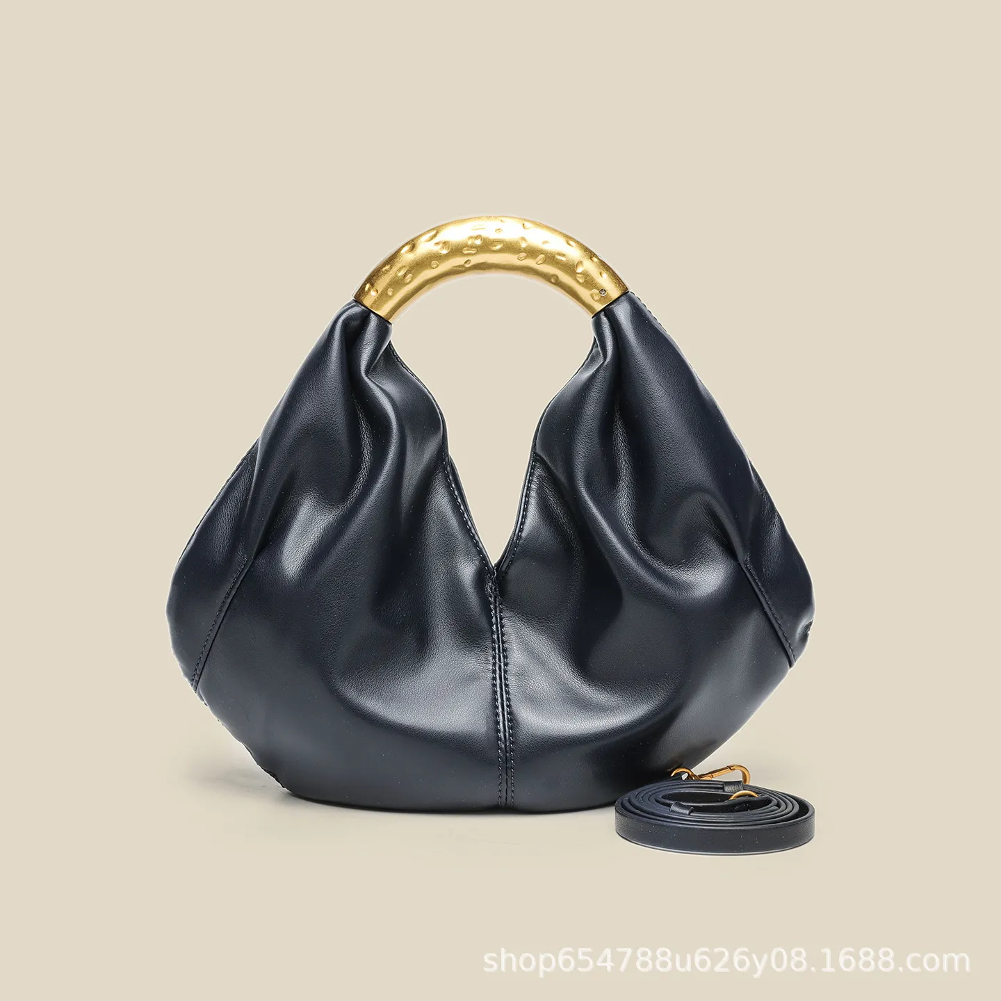 Designer Inspired Metallic Accent Soft Leather Dumpling Bag - Mini Pleated Clutch Shoulder Crossbody Bag for Women thumbnail 6