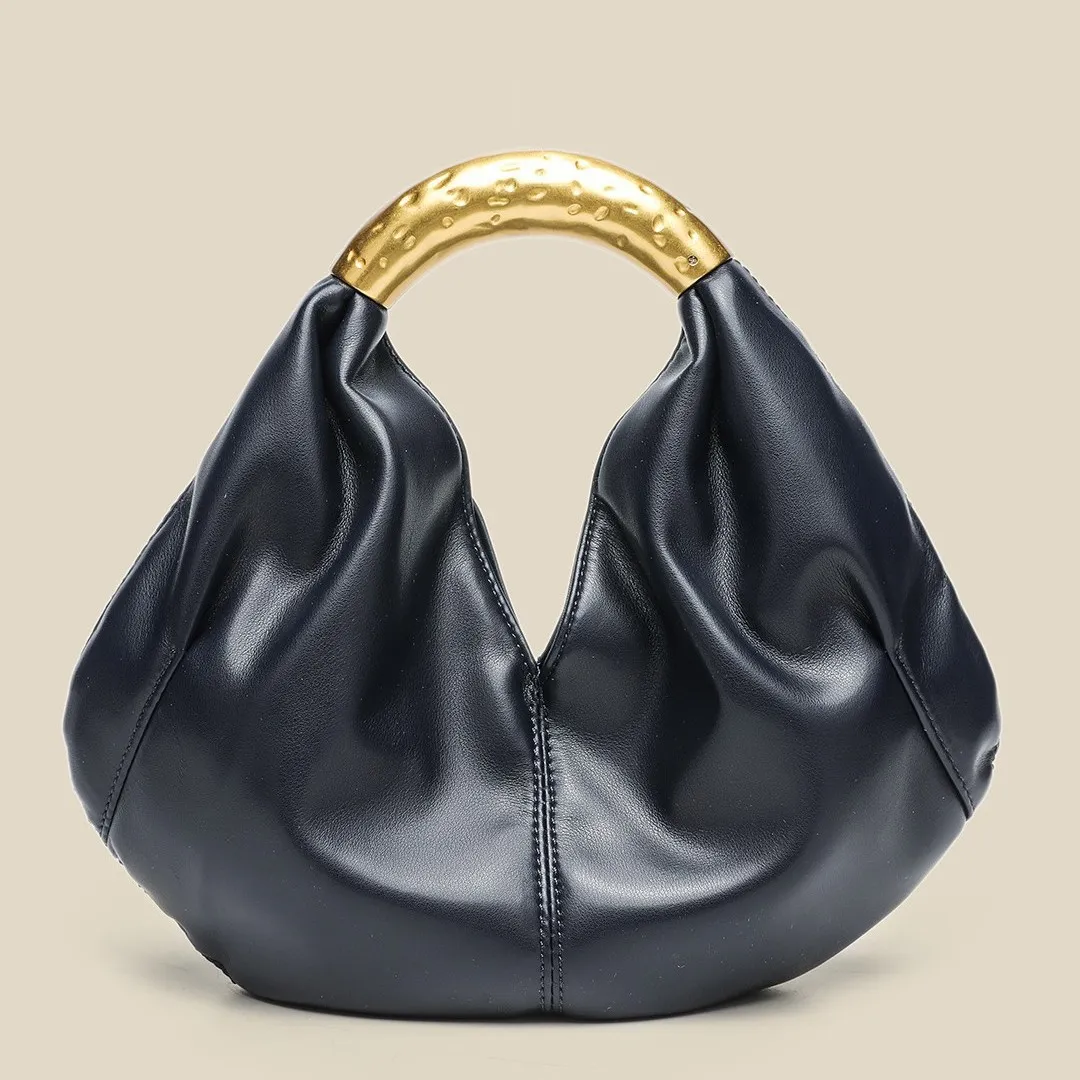 Designer Inspired Metallic Accent Soft Leather Dumpling Bag - Mini Pleated Clutch Shoulder Crossbody Bag for Women thumbnail 2