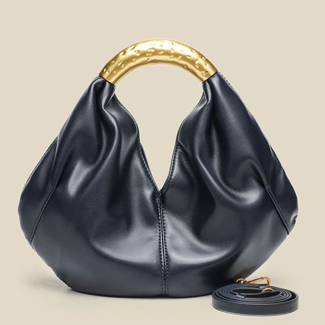 Designer Inspired Metallic Accent Soft Leather Dumpling Bag - Mini Pleated Clutch Shoulder Crossbody Bag for Women thumbnail 1