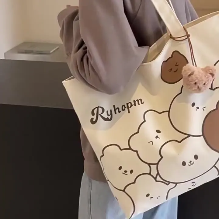 Japanese Cartoon Style Zipper Tote Bag - Large Capacity Canvas Commuter Bag for Students, Versatile Handbag for Daily Use - Image 1
