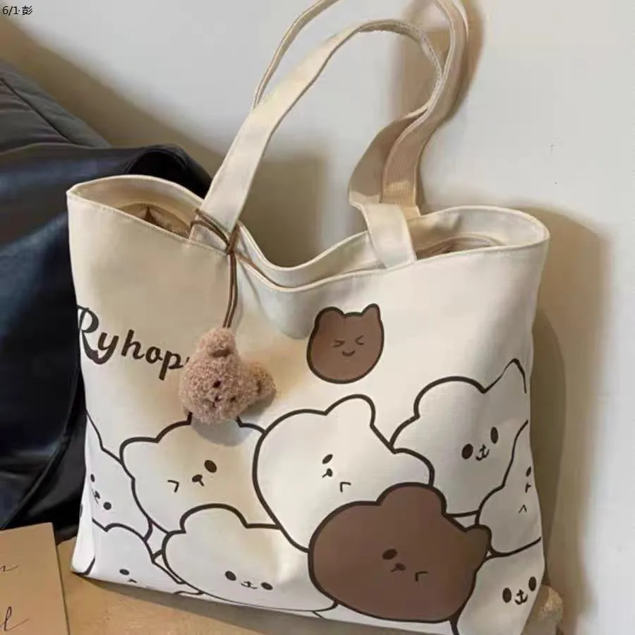 Japanese Cartoon Style Zipper Tote Bag - Large Capacity Canvas Commuter Bag for Students, Versatile Handbag for Daily Use - Image 7
