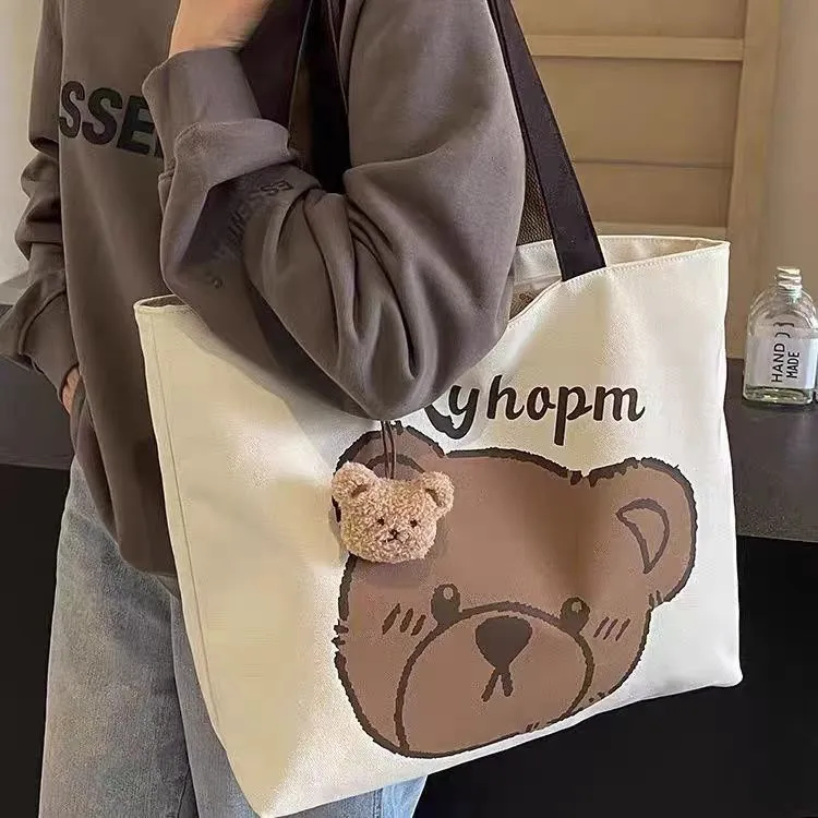 Japanese Cartoon Style Zipper Tote Bag - Large Capacity Canvas Commuter Bag for Students, Versatile Handbag for Daily Use showcase 3
