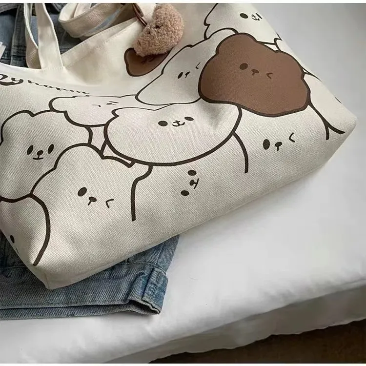 Japanese Cartoon Style Zipper Tote Bag - Large Capacity Canvas Commuter Bag for Students, Versatile Handbag for Daily Use showcase 12