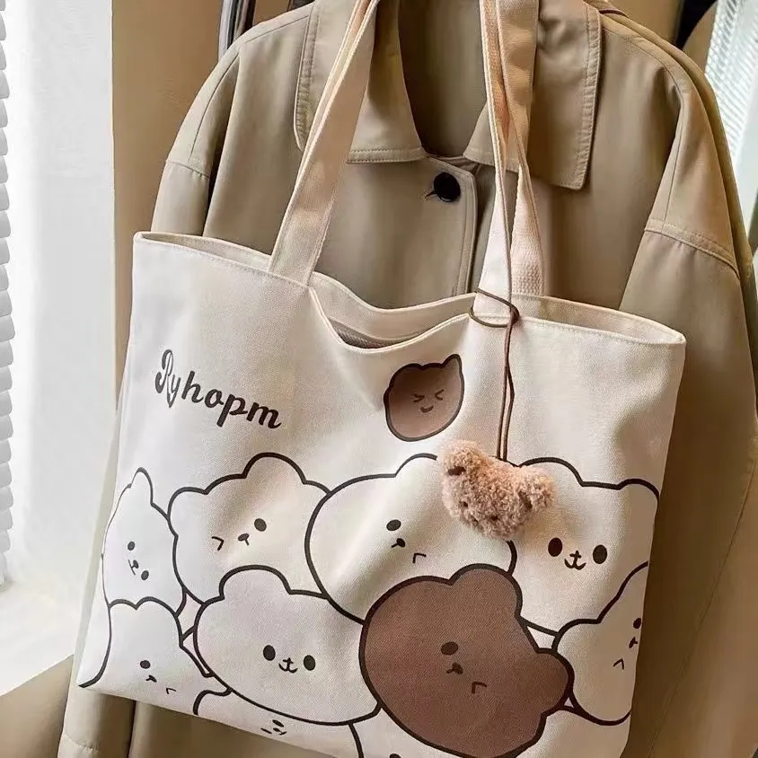 Japanese Cartoon Style Zipper Tote Bag - Large Capacity Canvas Commuter Bag for Students, Versatile Handbag for Daily Use - Image 6