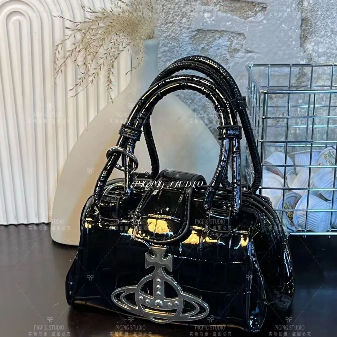 Vintage Crocodile Pattern Patent Leather Mini Crossbody Bag for Women - Elegant Empress Dowager Saturn Hand Chain Clip Bag showcase 5