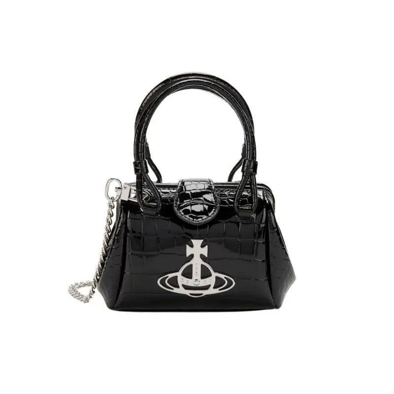 Vintage Crocodile Pattern Patent Leather Mini Crossbody Bag for Women - Elegant Empress Dowager Saturn Hand Chain Clip Bag showcase 9