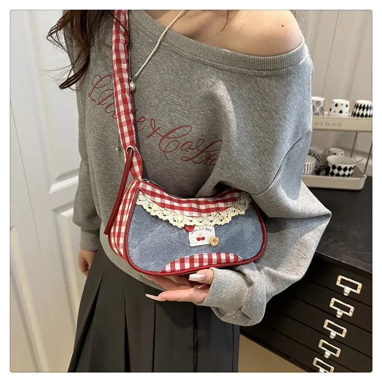 Women's Denim Underarm Baguette Bag - Stylish Patchwork Small Shoulder Tote with Dog Tooth Pattern, New 2025 Fashion showcase 15