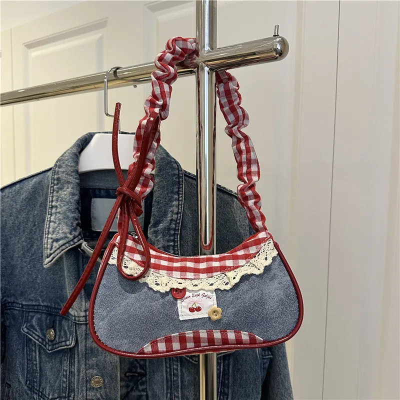 Women's Denim Underarm Baguette Bag - Stylish Patchwork Small Shoulder Tote with Dog Tooth Pattern, New 2025 Fashion - Image 3