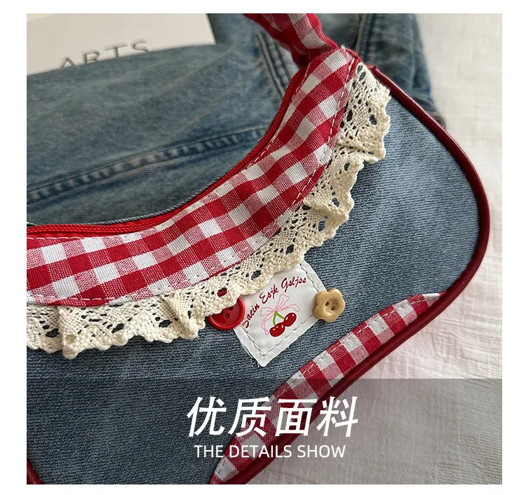 Women's Denim Underarm Baguette Bag - Stylish Patchwork Small Shoulder Tote with Dog Tooth Pattern, New 2025 Fashion showcase 8