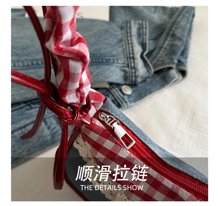 Women's Denim Underarm Baguette Bag - Stylish Patchwork Small Shoulder Tote with Dog Tooth Pattern, New 2025 Fashion showcase 7