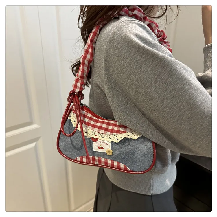 Women's Denim Underarm Baguette Bag - Stylish Patchwork Small Shoulder Tote with Dog Tooth Pattern, New 2025 Fashion showcase 16