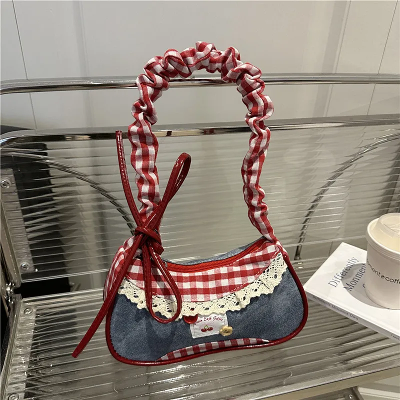 Women's Denim Underarm Baguette Bag - Stylish Patchwork Small Shoulder Tote with Dog Tooth Pattern, New 2025 Fashion - Image 6