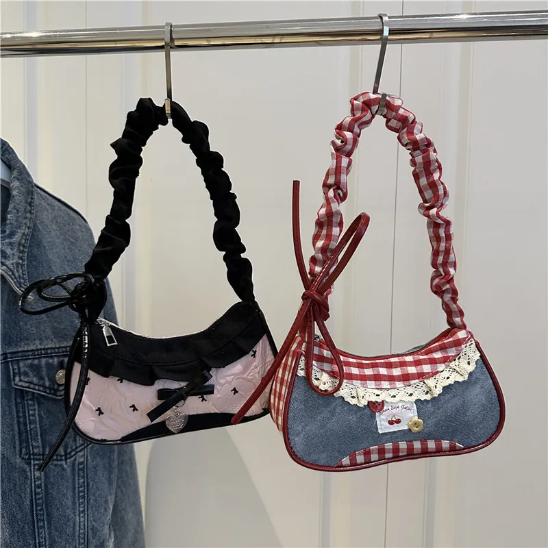 Women's Denim Underarm Baguette Bag - Stylish Patchwork Small Shoulder Tote with Dog Tooth Pattern, New 2025 Fashion - Image 1