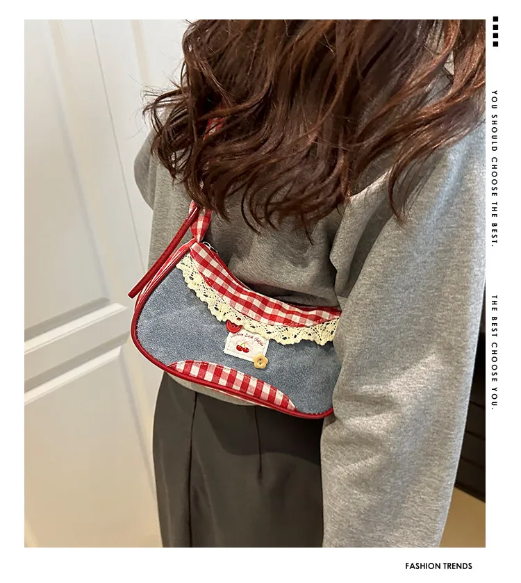 Women's Denim Underarm Baguette Bag - Stylish Patchwork Small Shoulder Tote with Dog Tooth Pattern, New 2025 Fashion showcase 1