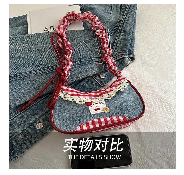 Women's Denim Underarm Baguette Bag - Stylish Patchwork Small Shoulder Tote with Dog Tooth Pattern, New 2025 Fashion showcase 10