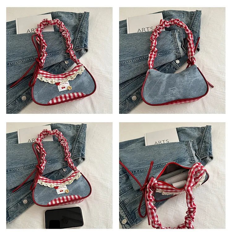 Women's Denim Underarm Baguette Bag - Stylish Patchwork Small Shoulder Tote with Dog Tooth Pattern, New 2025 Fashion showcase 11