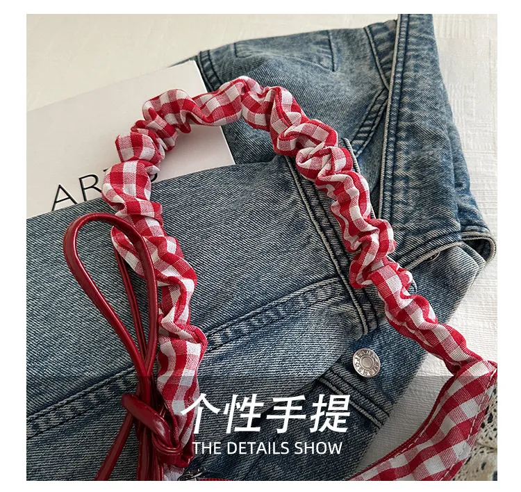 Women's Denim Underarm Baguette Bag - Stylish Patchwork Small Shoulder Tote with Dog Tooth Pattern, New 2025 Fashion showcase 6