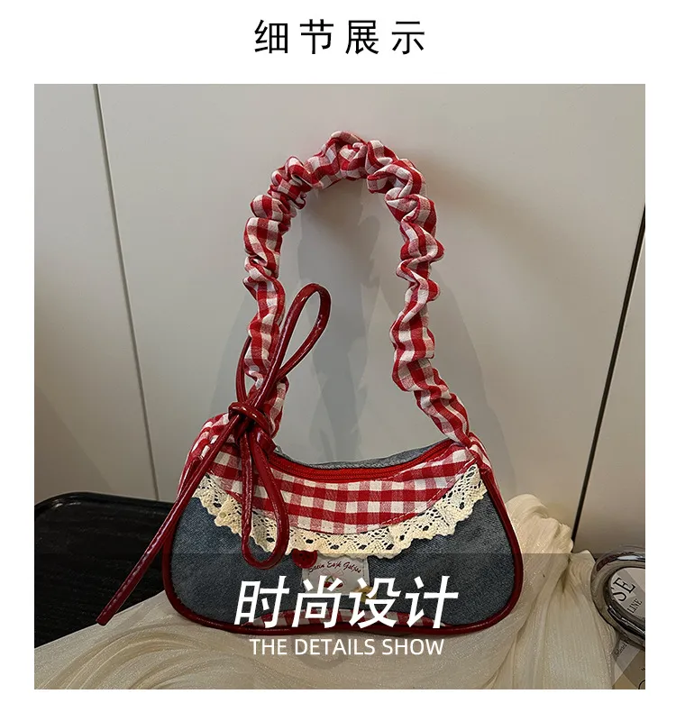 Women's Denim Underarm Baguette Bag - Stylish Patchwork Small Shoulder Tote with Dog Tooth Pattern, New 2025 Fashion showcase 5