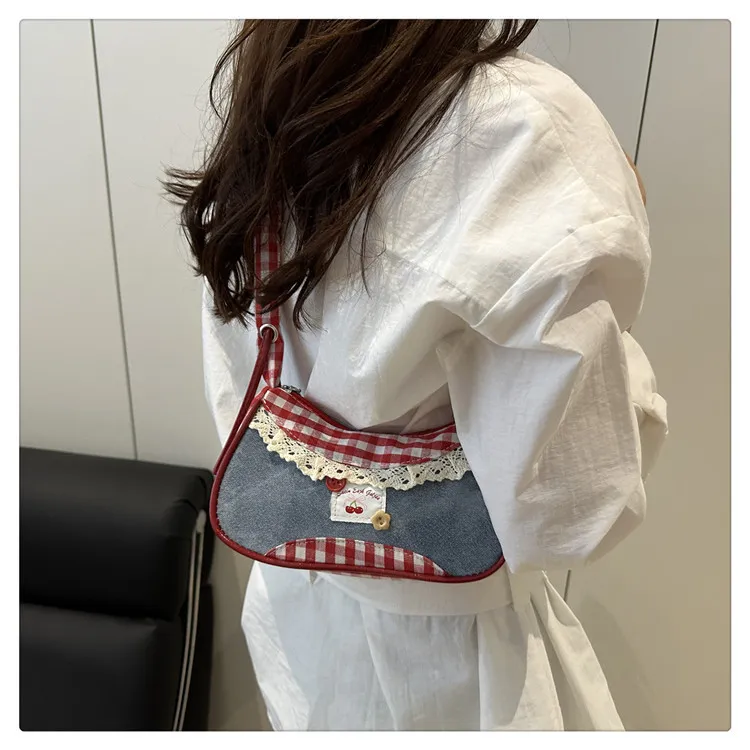 Women's Denim Underarm Baguette Bag - Stylish Patchwork Small Shoulder Tote with Dog Tooth Pattern, New 2025 Fashion showcase 20