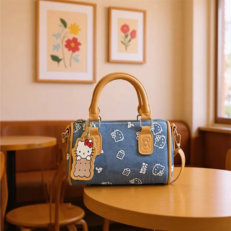 Cute Kitty Cat Denim Bowling Bag - Versatile Handbag & Crossbody, Stylish Contrast Color Design for Women and Girls thumbnail 1