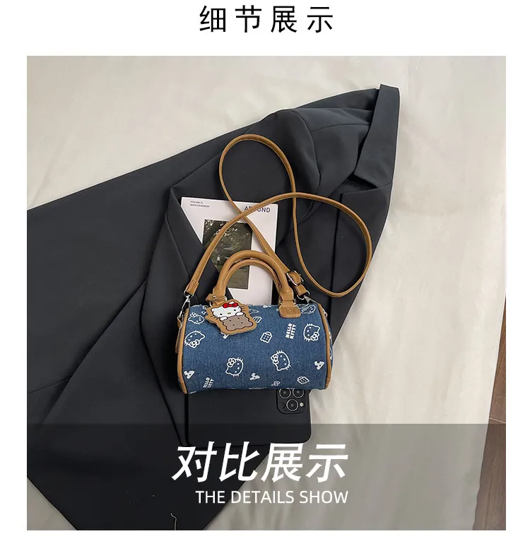Cute Kitty Cat Denim Bowling Bag - Versatile Handbag & Crossbody, Stylish Contrast Color Design for Women and Girls showcase 5