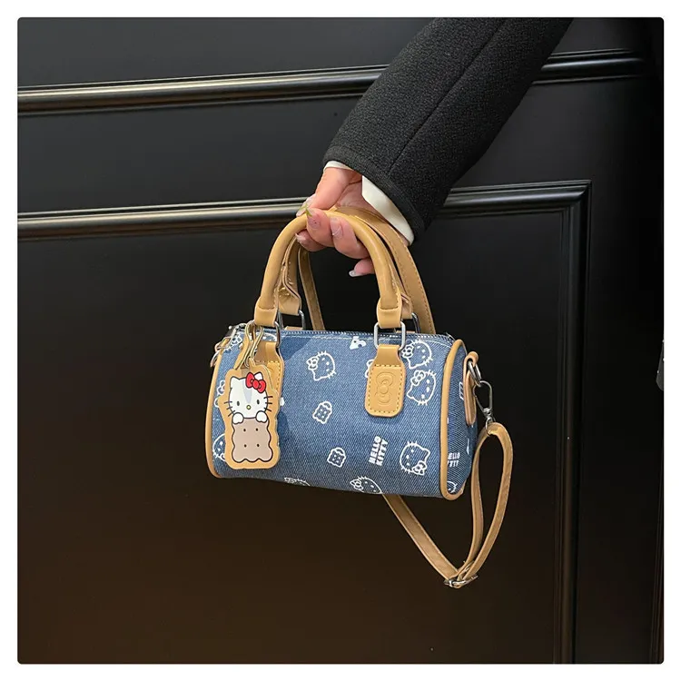 Cute Kitty Cat Denim Bowling Bag - Versatile Handbag & Crossbody, Stylish Contrast Color Design for Women and Girls showcase 14