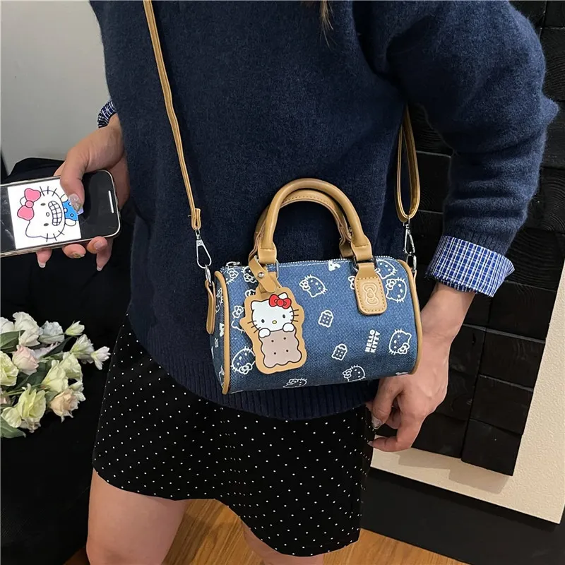 Cute Kitty Cat Denim Bowling Bag - Versatile Handbag & Crossbody, Stylish Contrast Color Design for Women and Girls thumbnail 3