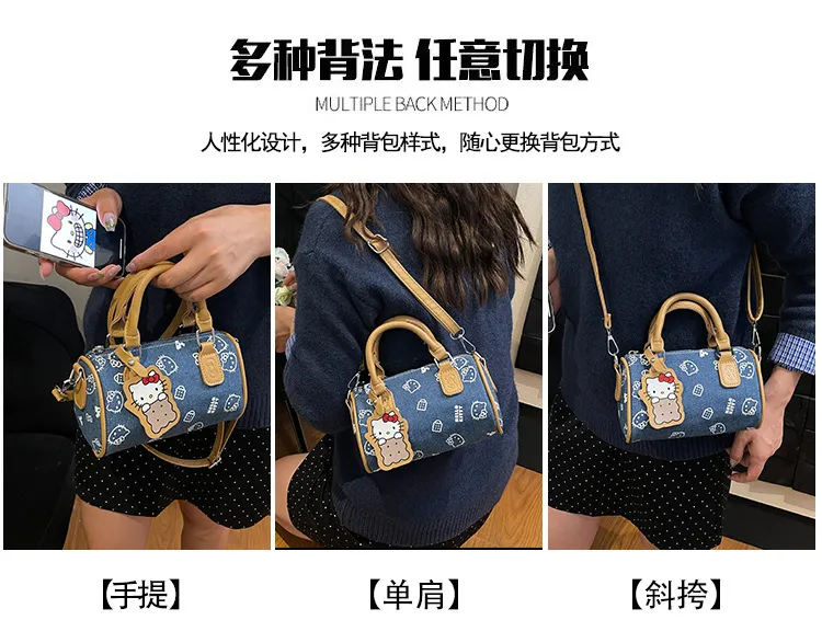 Cute Kitty Cat Denim Bowling Bag - Versatile Handbag & Crossbody, Stylish Contrast Color Design for Women and Girls showcase 12