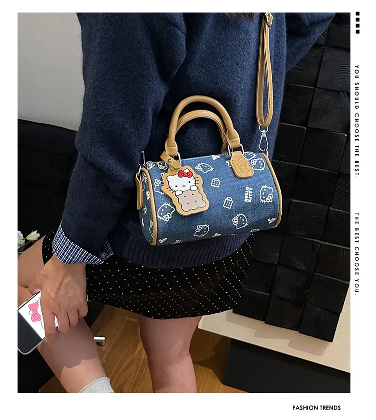 Cute Kitty Cat Denim Bowling Bag - Versatile Handbag & Crossbody, Stylish Contrast Color Design for Women and Girls showcase 1