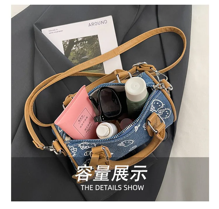 Cute Kitty Cat Denim Bowling Bag - Versatile Handbag & Crossbody, Stylish Contrast Color Design for Women and Girls showcase 10