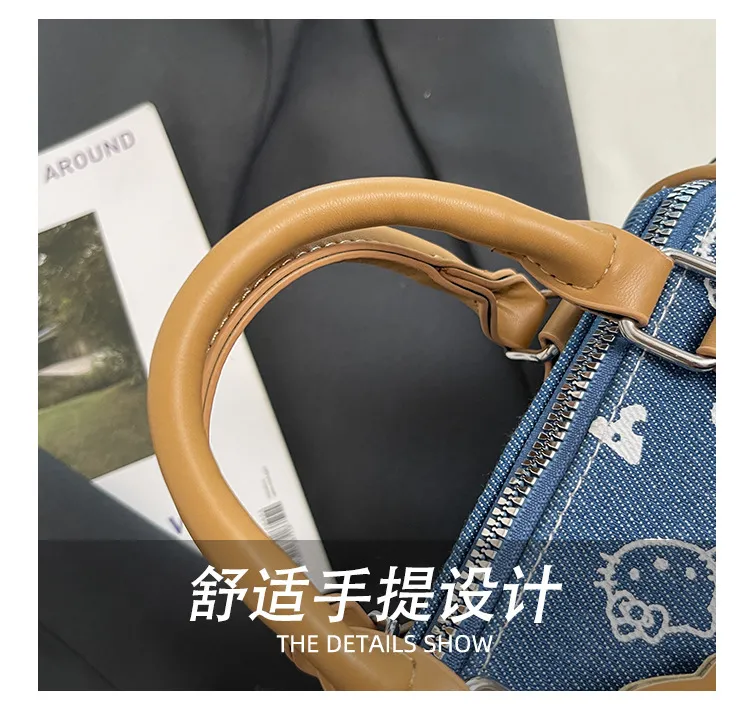 Cute Kitty Cat Denim Bowling Bag - Versatile Handbag & Crossbody, Stylish Contrast Color Design for Women and Girls showcase 8