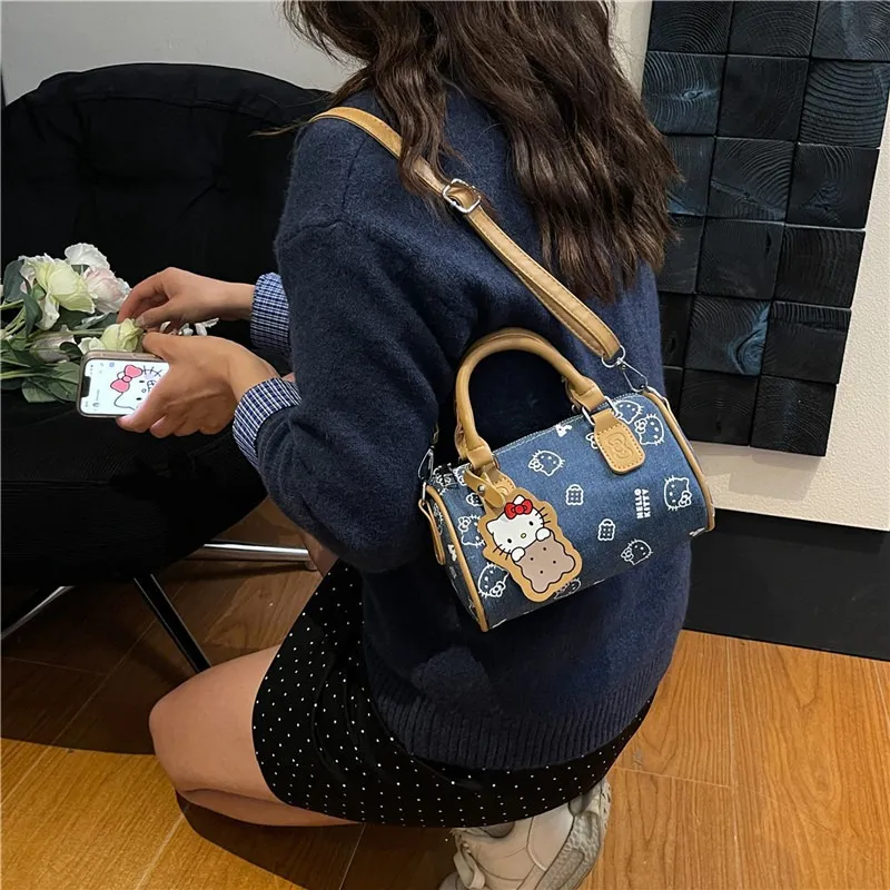 Cute Kitty Cat Denim Bowling Bag - Versatile Handbag & Crossbody, Stylish Contrast Color Design for Women and Girls thumbnail 4