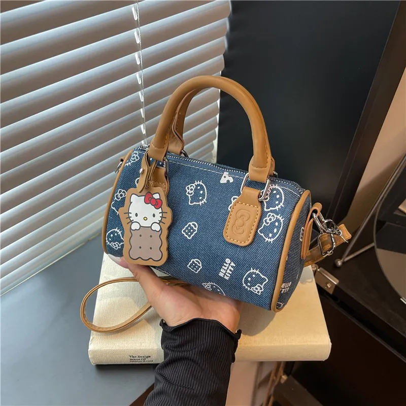 Cute Kitty Cat Denim Bowling Bag - Versatile Handbag & Crossbody, Stylish Contrast Color Design for Women and Girls thumbnail 2