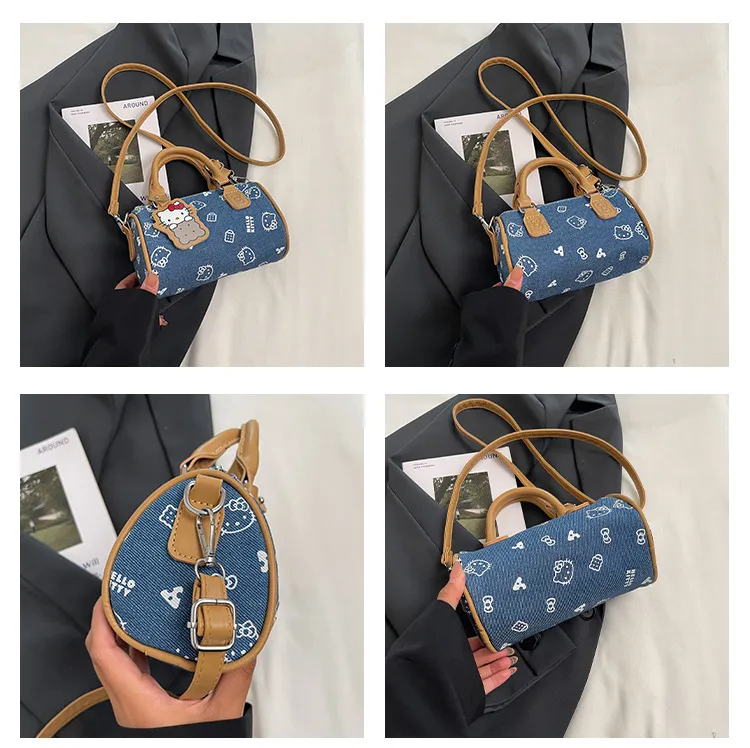 Cute Kitty Cat Denim Bowling Bag - Versatile Handbag & Crossbody, Stylish Contrast Color Design for Women and Girls showcase 11