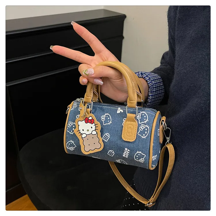Cute Kitty Cat Denim Bowling Bag - Versatile Handbag & Crossbody, Stylish Contrast Color Design for Women and Girls showcase 15