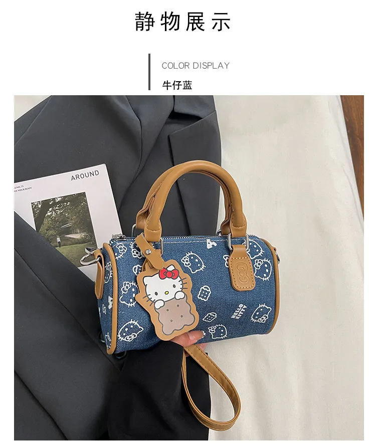 Cute Kitty Cat Denim Bowling Bag - Versatile Handbag & Crossbody, Stylish Contrast Color Design for Women and Girls showcase 13