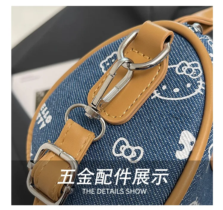 Cute Kitty Cat Denim Bowling Bag - Versatile Handbag & Crossbody, Stylish Contrast Color Design for Women and Girls showcase 6